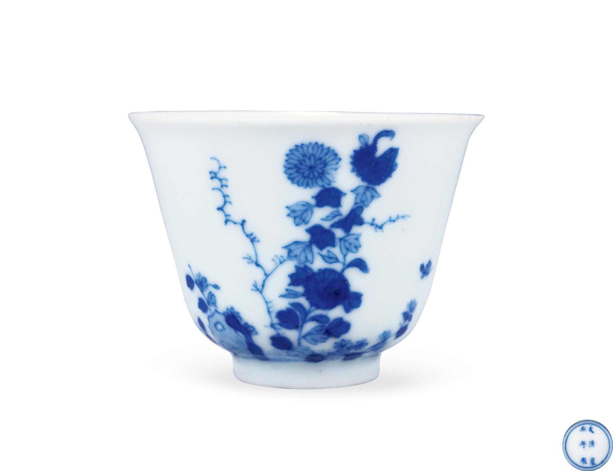 清康熙 青花菊花詩文花神杯