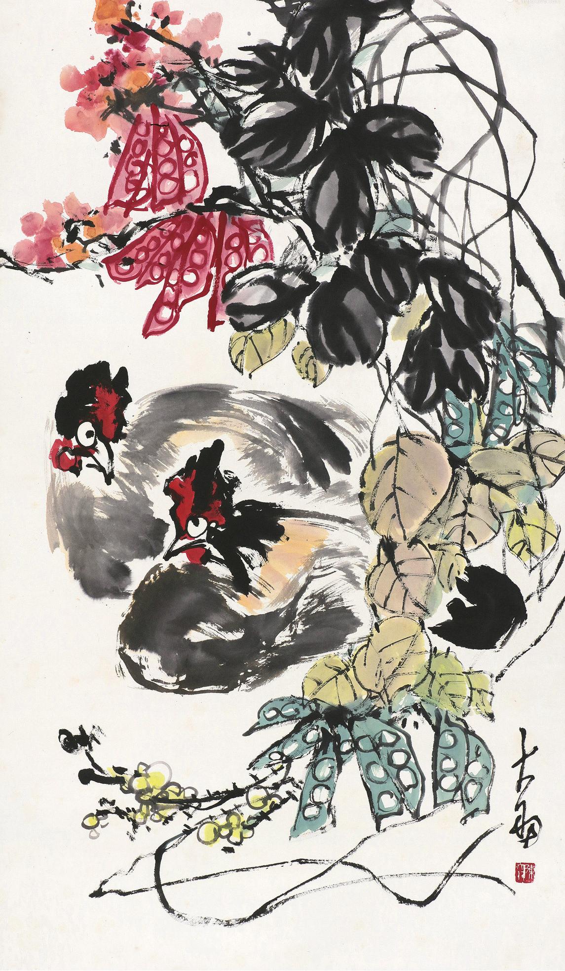 陈大羽（1912～2001） 双吉图 立轴 设色纸本
