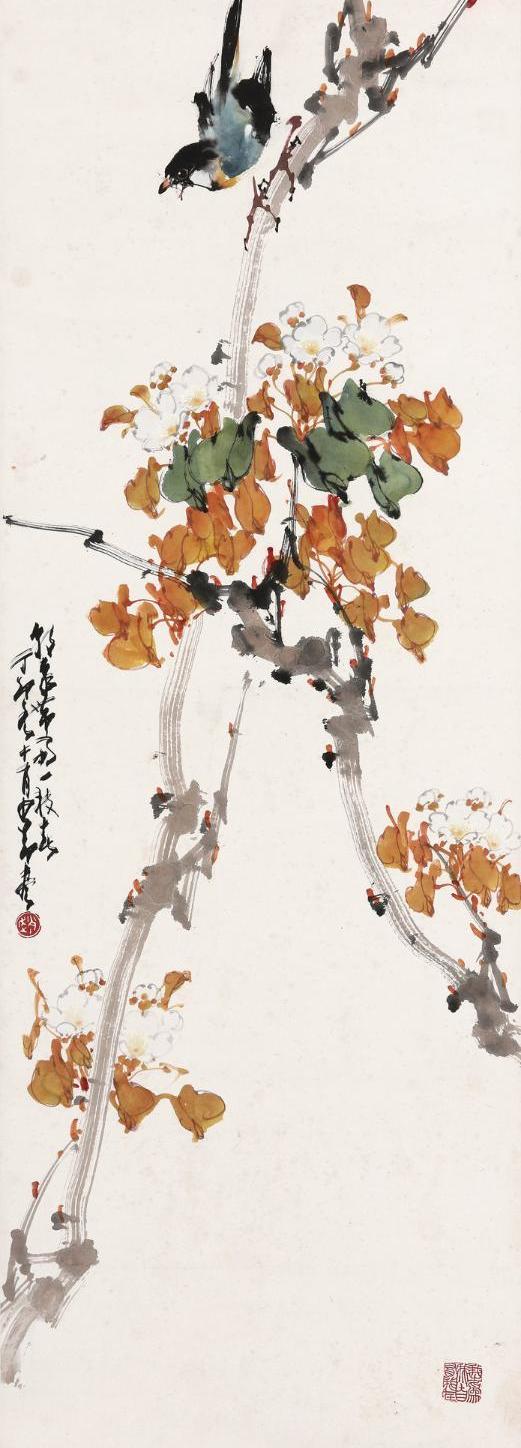 趙少昂（1905～1998） 1987年作 雀鳴一枝春 立軸 設色紙本
