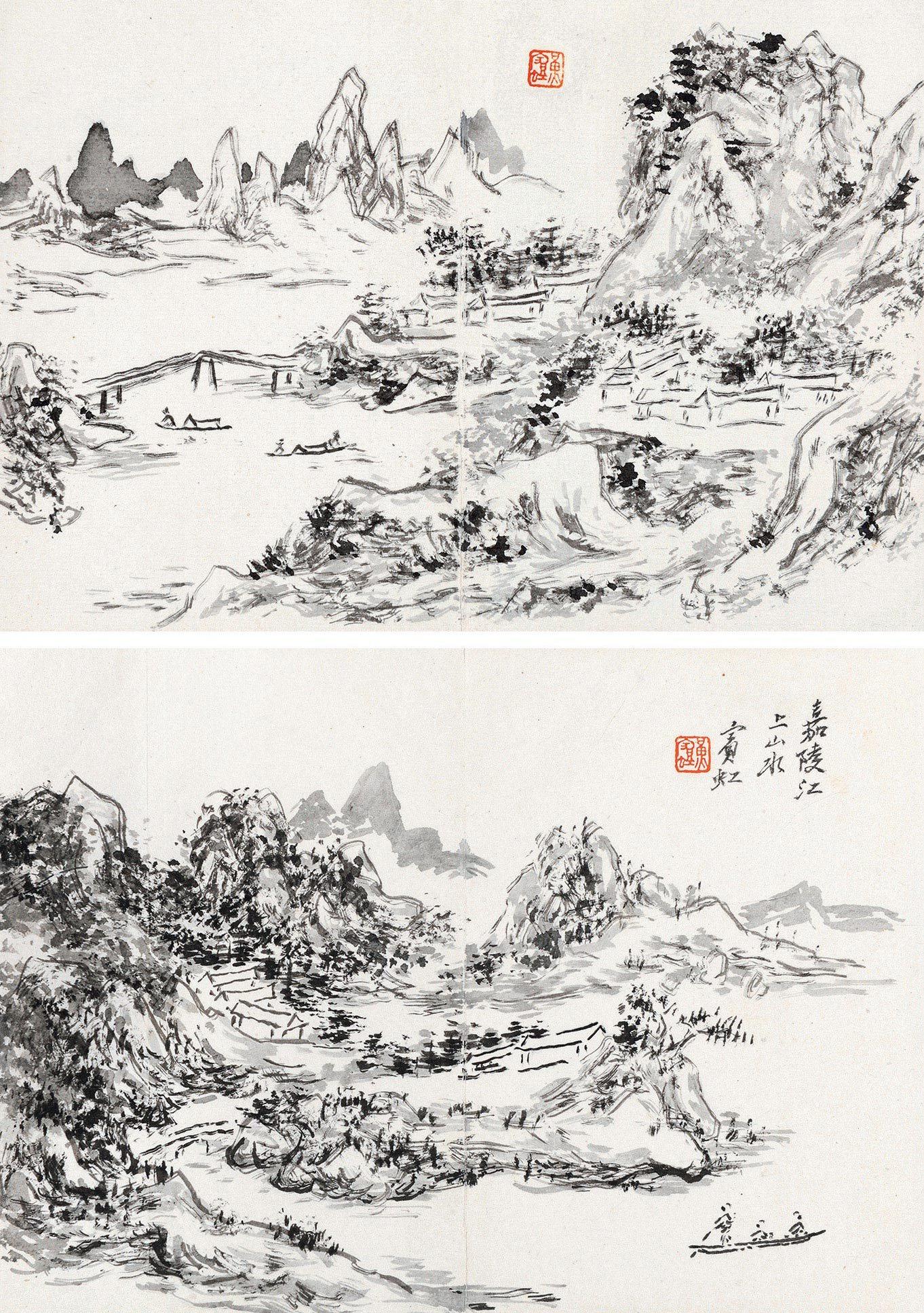 黄宾虹（1865～1955） 嘉陵江上山水写生 （两帧） 镜心 水墨纸本