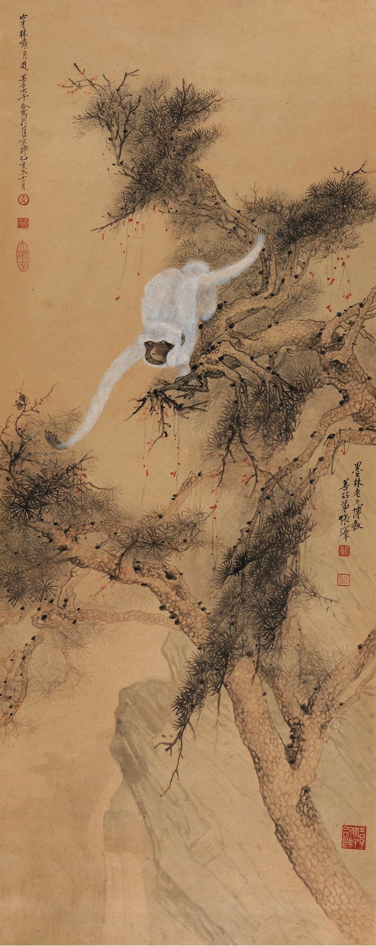 张大千 张善孖 1935年作 穿林啸月 立轴 设色纸本