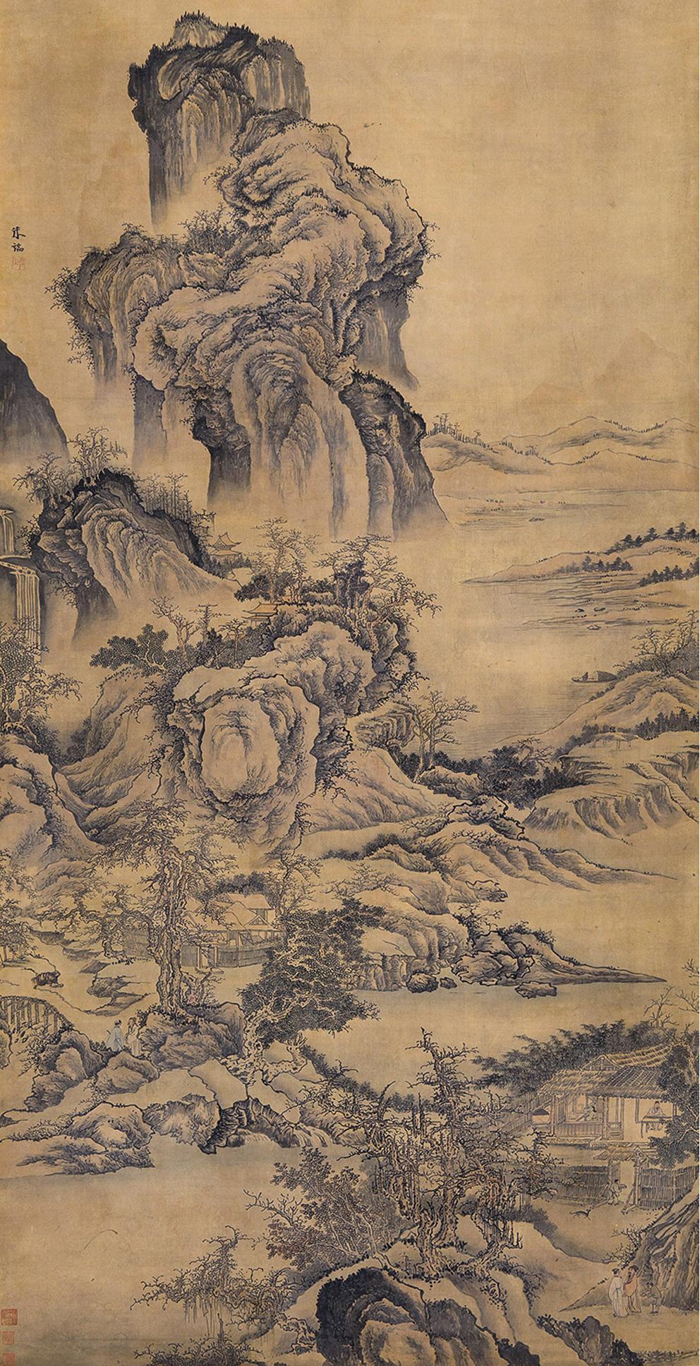 朱端（明代） 攜琴會友 立軸 設色絹本