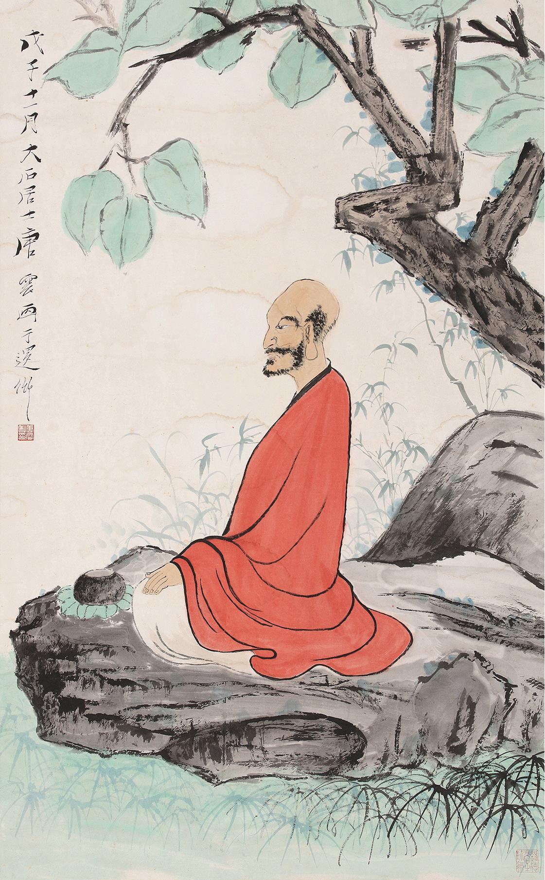 唐雲 紅衣羅漢 立軸 設色紙本
