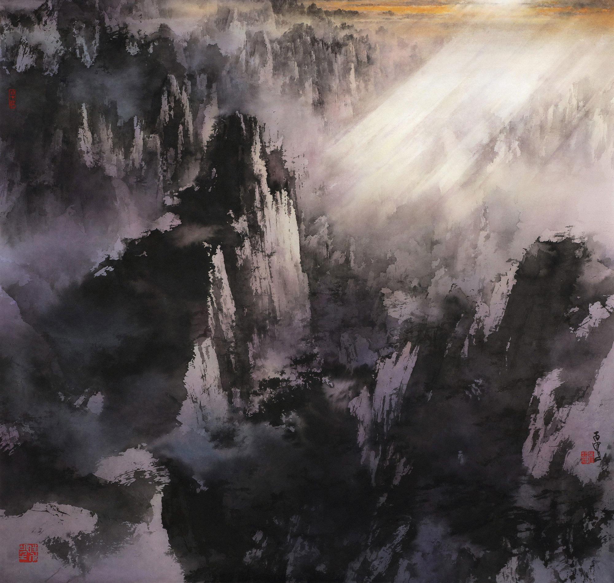 何百里（B.1945） 2017年作 黃山晨光 鏡心 設色紙本